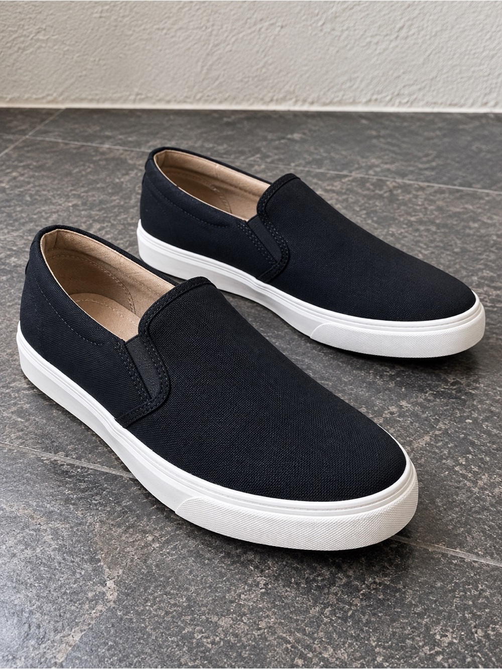 Amazon Essentials Black Canvas Slip-On Sneaker with White Sole